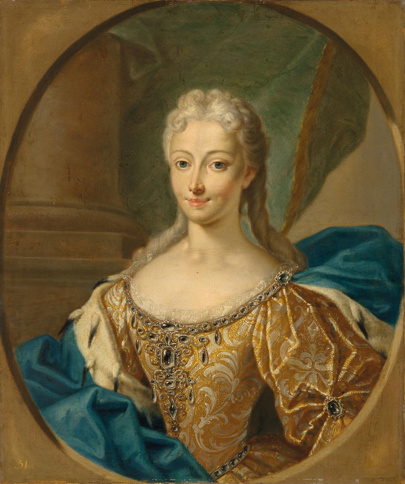 William Mosman - Portrait of Princess Maria Clementina Sobieska (1702-1735), wife of \'The Old Pretender\', bust-length, in a gold dress and blue ermine-lined cloak, in a feigned oval