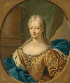 William Mosman - Portrait of Princess Maria Clementina Sobieska (1702-1735), wife of \'The Old Pretender\', bust-length, in a gold dress and blue ermine-lined cloak, in a feigned oval