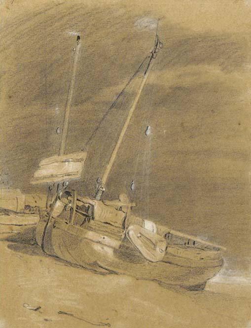 William Mulready, R.A. - A beached fishing vessel at low tide