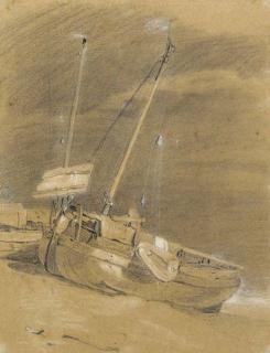 William Mulready, R.A. - A beached fishing vessel at low tide