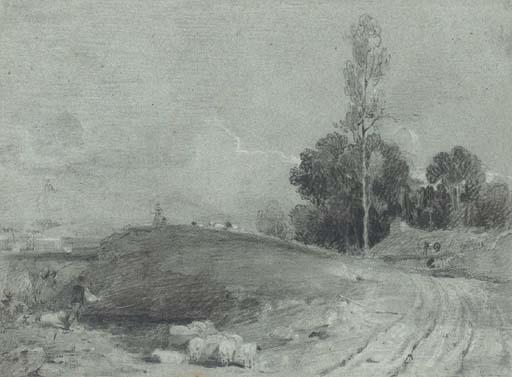 William Mulready, R.A. - A shepherd with his flock on a track, a river beyond