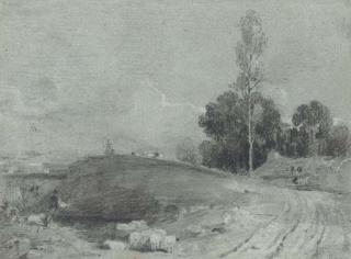 William Mulready, R.A. - A shepherd with his flock on a track, a river beyond