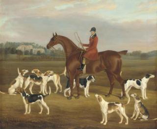 William Nedham - Henry Ayris, huntsman to Lord Segrave, on Radical with Dervice, Desperate, Daffodil, General, Halibut, Jupiter, Phaabe and Protestant, Berkeley Castle in the distance