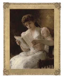 William Oliver, R.I. - Portrait of a lady, seated three-quarter-length, reading a book