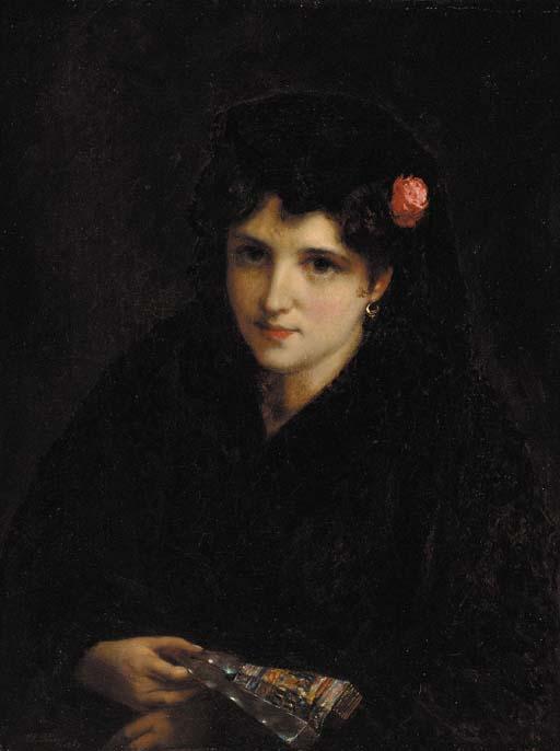 William Oliver - Portrait of a Spanish beauty, bust-length, wearing black with a rose in her hair, holding a fan