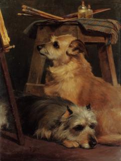 William Osborne R.H.A. - Models at rest; Two terriers in the artist\'s studio
