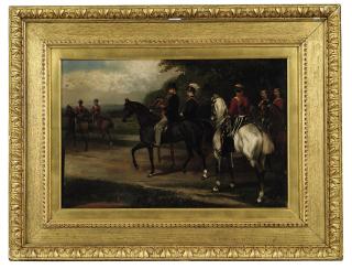 William Osborne R.H.A. - Portrait of John Poyntz, 5th Earl Spencer (1835-1910) riding with troopers in Dublin
