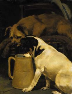 William Osborne, R.H.A. - Stealing the milk; two terriers in the artist\'s studio