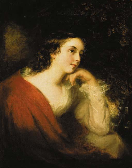 William Owen, R.A. - Portrait of Miss Sledmere, seated half-length, in a white dress with a red cloak, by a tree