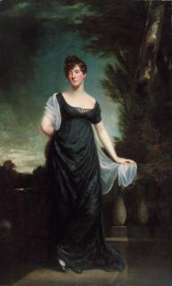William Owen - Portrait of Mrs Shaw of Greens Norton, Towcester, full-length, in a black dress, by a balustrade, in a landscape