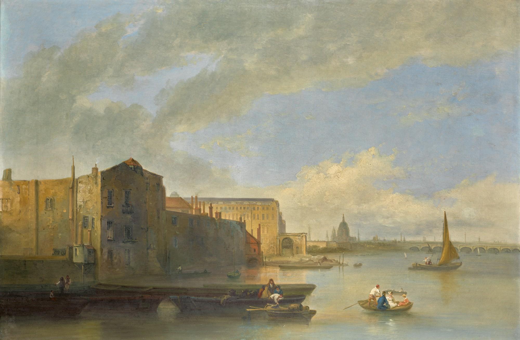 William P. Sherlock - London, A View Of The River Thames With Hay Barges And Sailing Vessels, Blackfrairs Bridge And St. Paul\'S Beyond