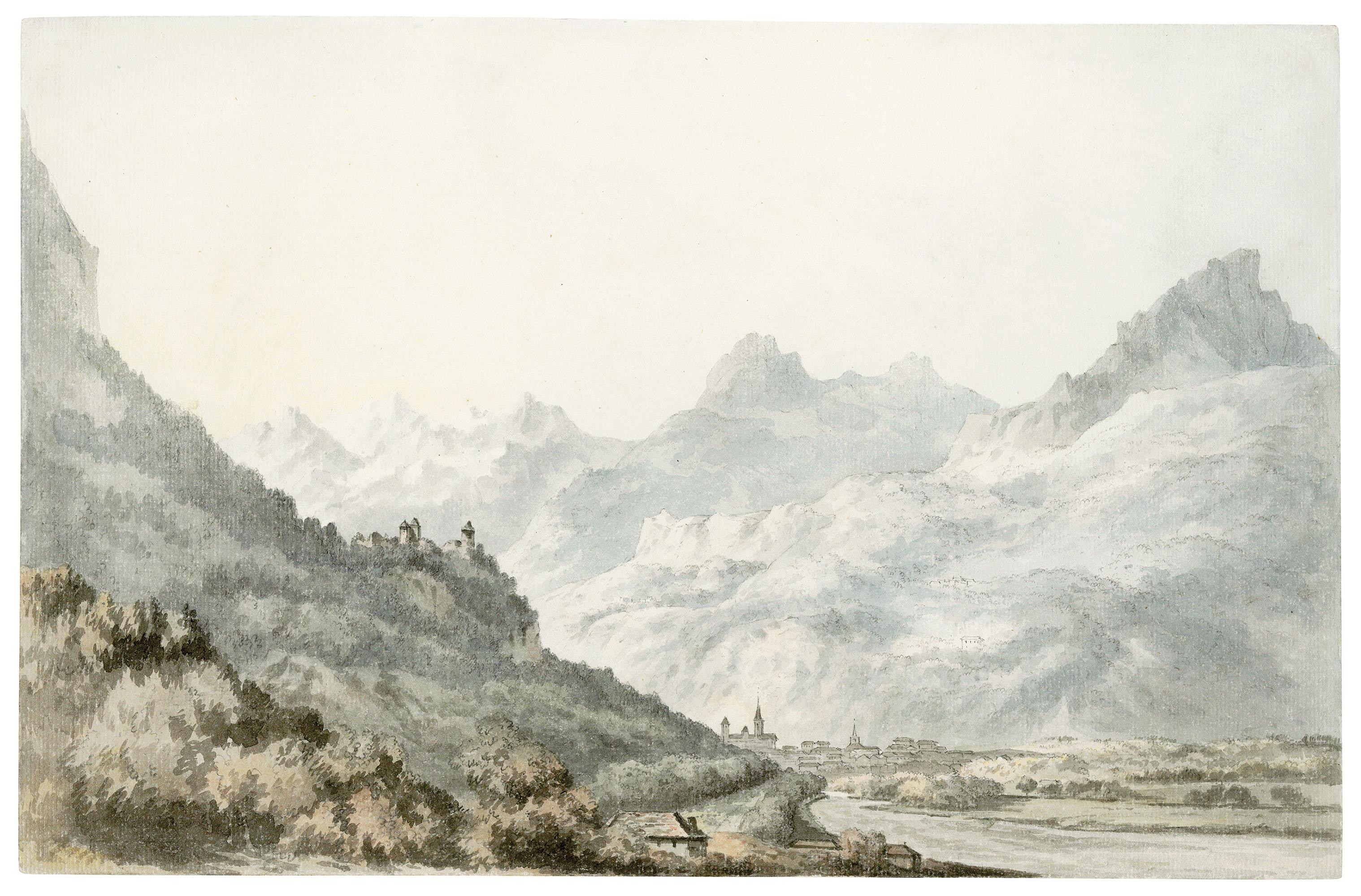 William Pars, A.R.A. - The river valley at Bonneville with the Savoy Alps behind