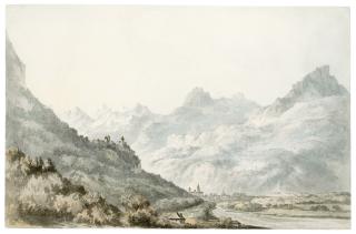 William Pars, A.R.A. - The river valley at Bonneville with the Savoy Alps behind