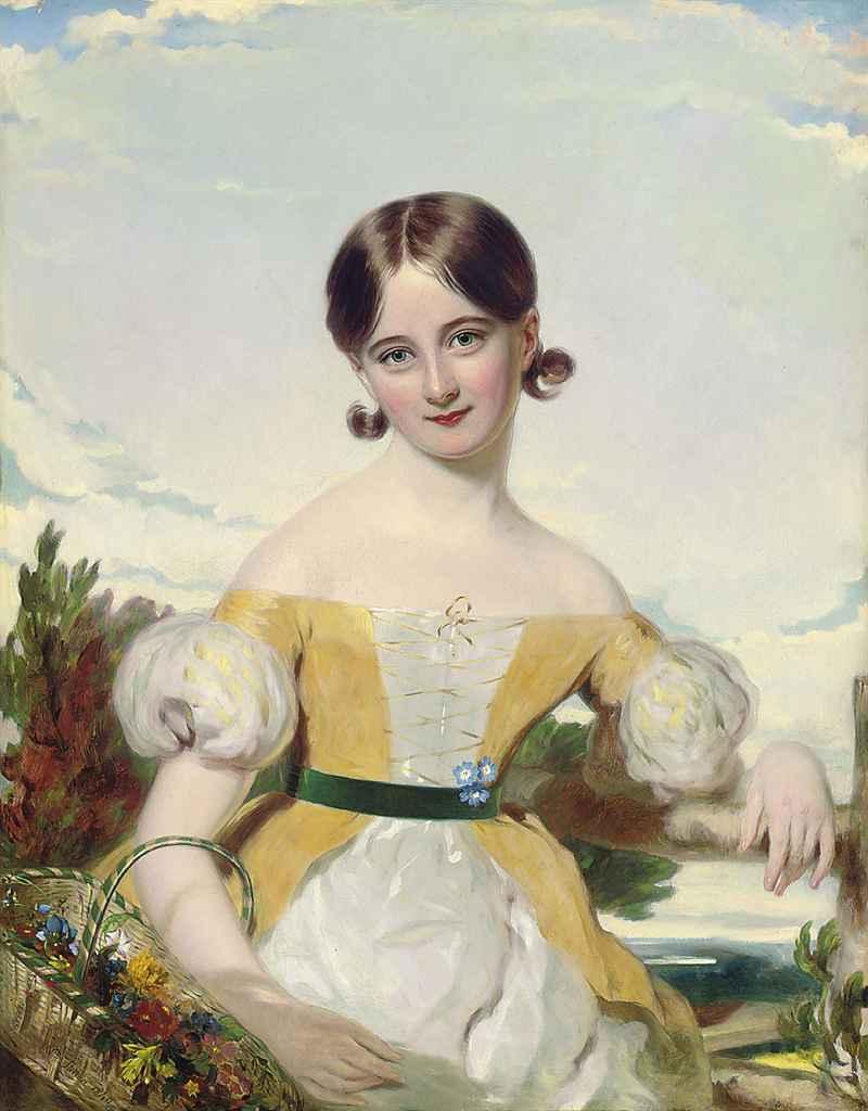 William Patten Jun. - Portrait of a girl, probably a member of the Wynne family of Peniarth, in a yellow and white dress, half-length, with a green sash, holding a basket of flowers, a landscape beyond