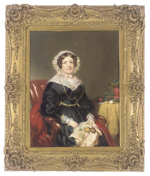William Patten - Portrait of a lady, small three-quarter-length, in a black dress with lace trim