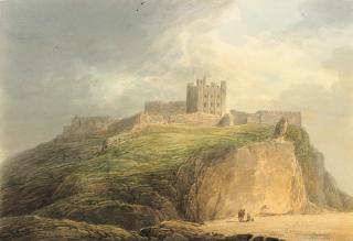 William Payne, O.W.S. - Bamburgh Castle seen from the beach below; The entrance to Bamburgh Castle; Figures by a river, a castle beyond; and Travellers on a winding track before a cottage in an extensive landscape