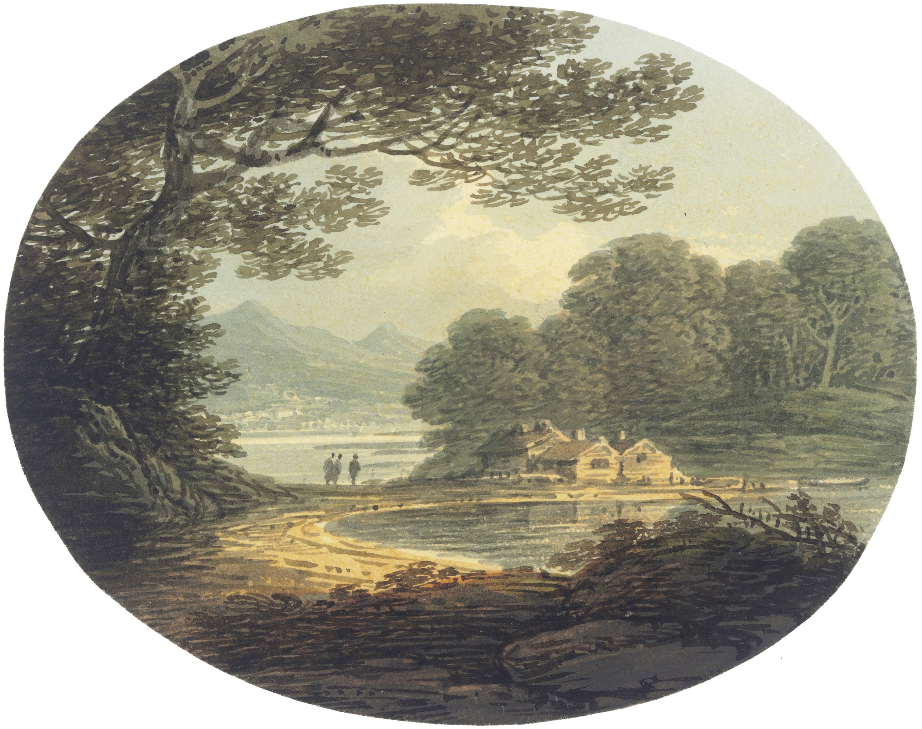 William Payne, O.W.S. - Eight landscape study roundels; including travellers before a ruin; a waterfall before a castle; a traveller crossing a footbridge; and a cottage in an estuary landscape