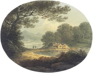 William Payne, O.W.S. - Eight landscape study roundels; including travellers before a ruin; a waterfall before a castle; a traveller crossing a footbridge; and a cottage in an estuary landscape
