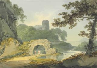 William Payne, O.W.S. - Figures In A Rowing Boat In An Estuary, A Village Beyond; And Travellers Beneath An Arch, A Ruined Keep Beyond