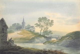William Payne, O.W.S. - Figures seated outside a cottage beside a river, a church beyond; and Figures embarking beside a ruined tower