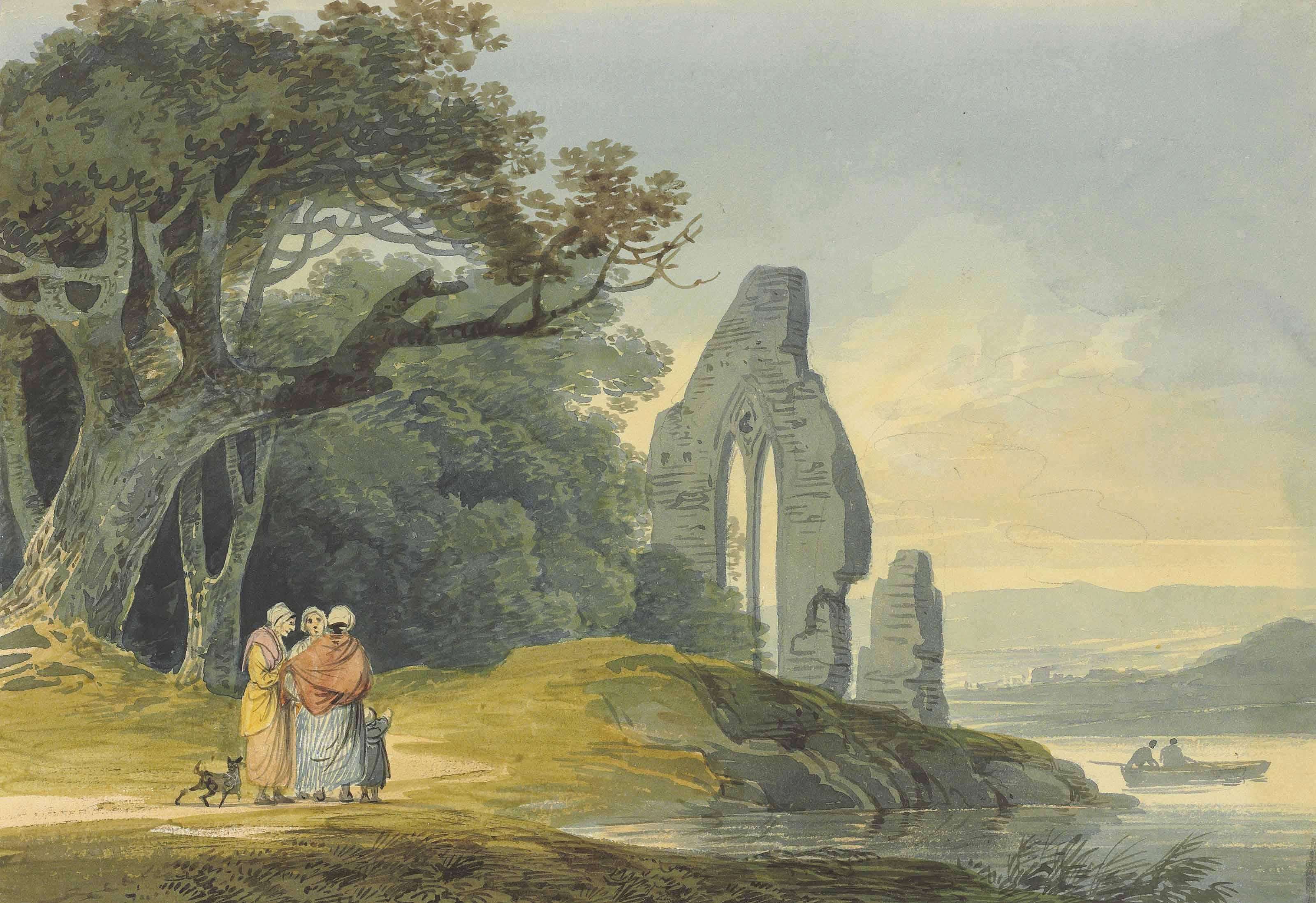 William Payne, O.W.S. - Four Landscape Studies: Figures By A Ruined Church; Figures On A Track Beside A Cottage; Travellers On A Winding Track, A Tower Beyond; Figures On A Winding Track, A Fortress And A Bay Beyond