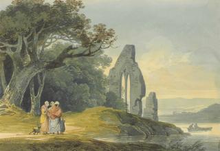 William Payne, O.W.S. - Four Landscape Studies: Figures By A Ruined Church; Figures On A Track Beside A Cottage; Travellers On A Winding Track, A Tower Beyond; Figures On A Winding Track, A Fortress And A Bay Beyond