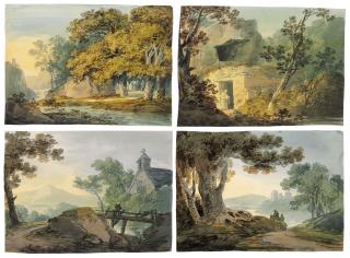 William Payne, O.W.S. - Four landscape studies: Figures in woodland beside a river; A priest entering a grotto; A traveller crossing a wooden bridge; and Travellers on a winding road beside an estuary