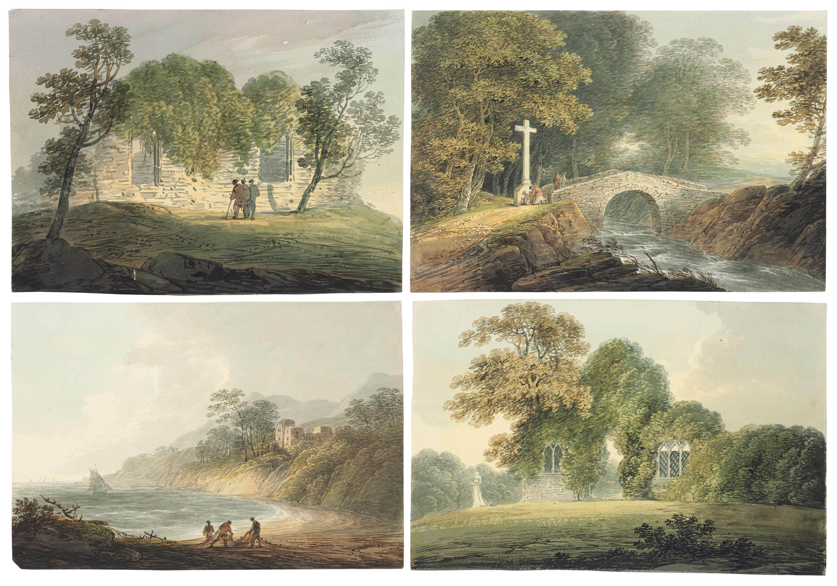 William Payne, O.W.S. - Four landscape studies: Part of the ruins of Hulne Abbey, with three men in the foreground; Part of the ruins of Hulne Abbey with a female figure beside; Fishermen with nets on the foreshore; Travellers crossing a stone bridge