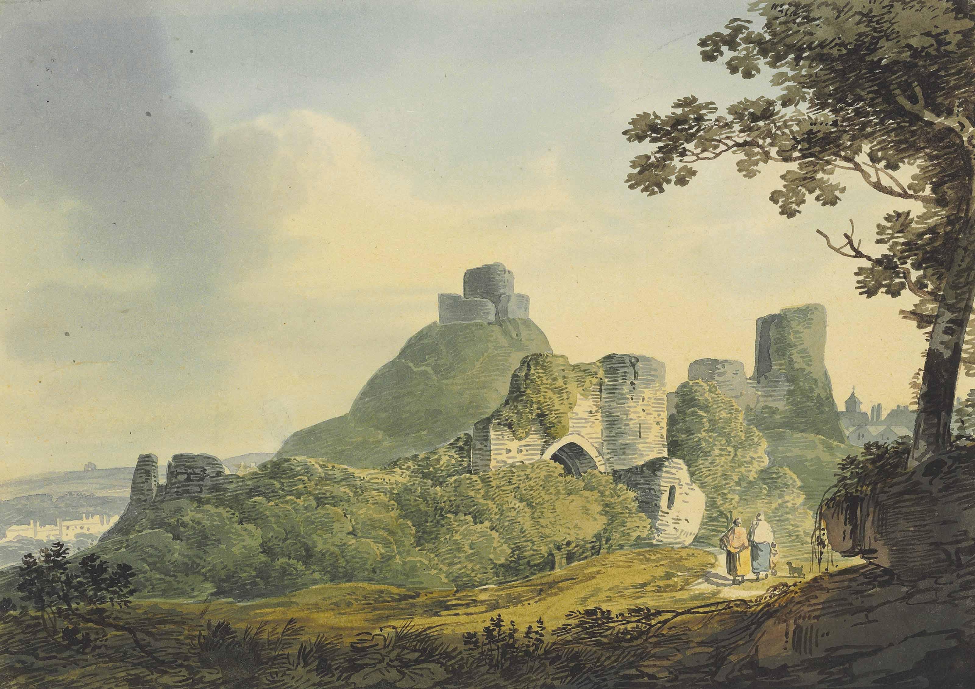 William Payne, O.W.S. - Four Landscape Studies: Travellers Beneath A Ruined Arch; Travellers Before A Gatehouse; A Wooded Shoreline With Launceston Castle Beyond; And Figures On A Beach