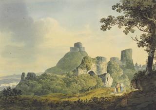 William Payne, O.W.S. - Four Landscape Studies: Travellers Beneath A Ruined Arch; Travellers Before A Gatehouse; A Wooded Shoreline With Launceston Castle Beyond; And Figures On A Beach