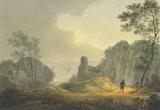 William Payne, O.W.S. - Four Landscape Studies: Travellers On A Winding Road Approaching A Village; Travellers Beside A River; A Man Approaching A Cove, Shipping Beyond; A Ruined Castle On A River Bank