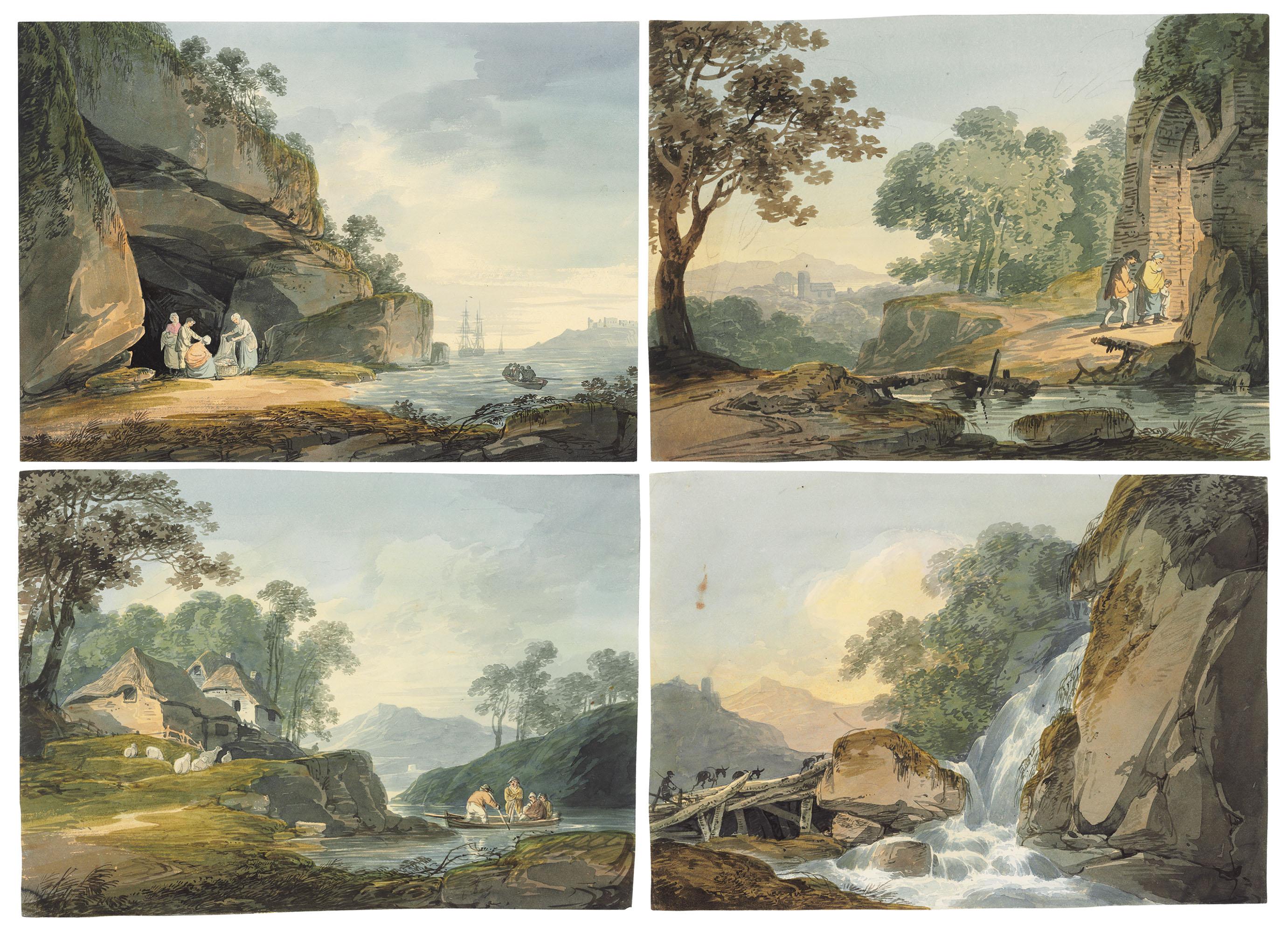 William Payne, O.W.S. - Four landscape studies: Washerwomen in a cave beside an estuary; A rowing boat approaching a riverside cottage; A traveller and donkeys crossing a waterfall; and Travellers entering a ruined arch