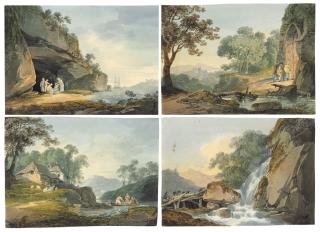 William Payne, O.W.S. - Four landscape studies: Washerwomen in a cave beside an estuary; A rowing boat approaching a riverside cottage; A traveller and donkeys crossing a waterfall; and Travellers entering a ruined arch