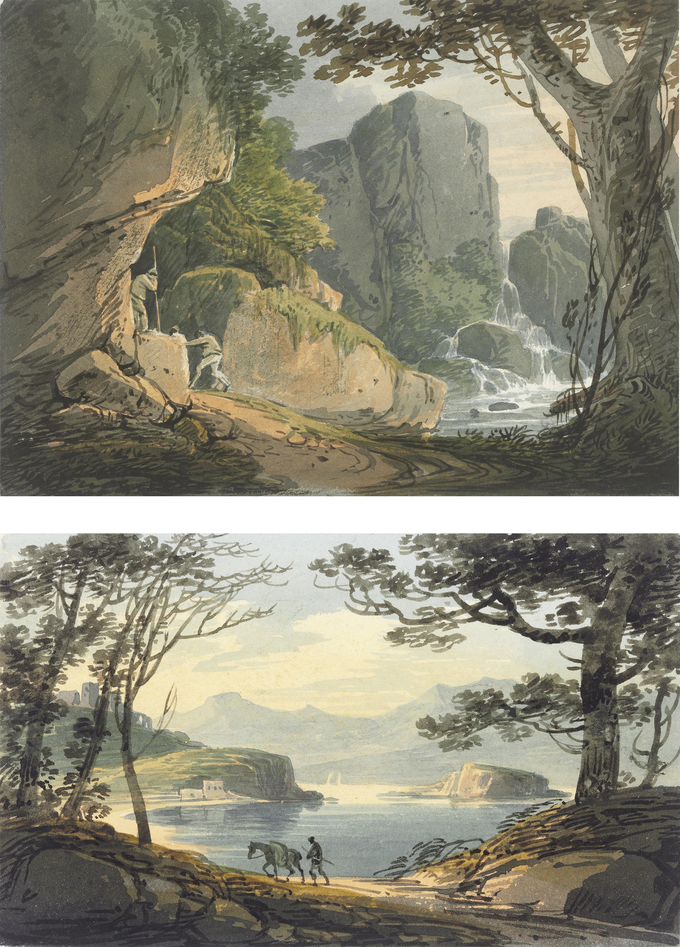 William Payne, O.W.S. - Nine landscape studies including: travellers beside a river before a tower; travellers on a road beside a river; a boat landed in a bay; and figures entering a building beside a ruined chapel