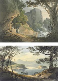 William Payne, O.W.S. - Nine landscape studies including: travellers beside a river before a tower; travellers on a road beside a river; a boat landed in a bay; and figures entering a building beside a ruined chapel