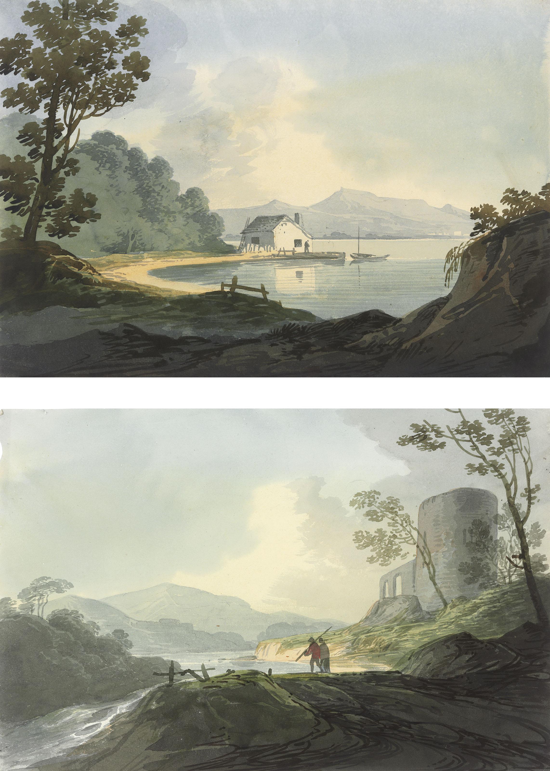 William Payne, O.W.S. - Six landscape studies including: unloading a boat behind a ruined arch; figures on the foreshore before a tower; and a cottage on a harbour