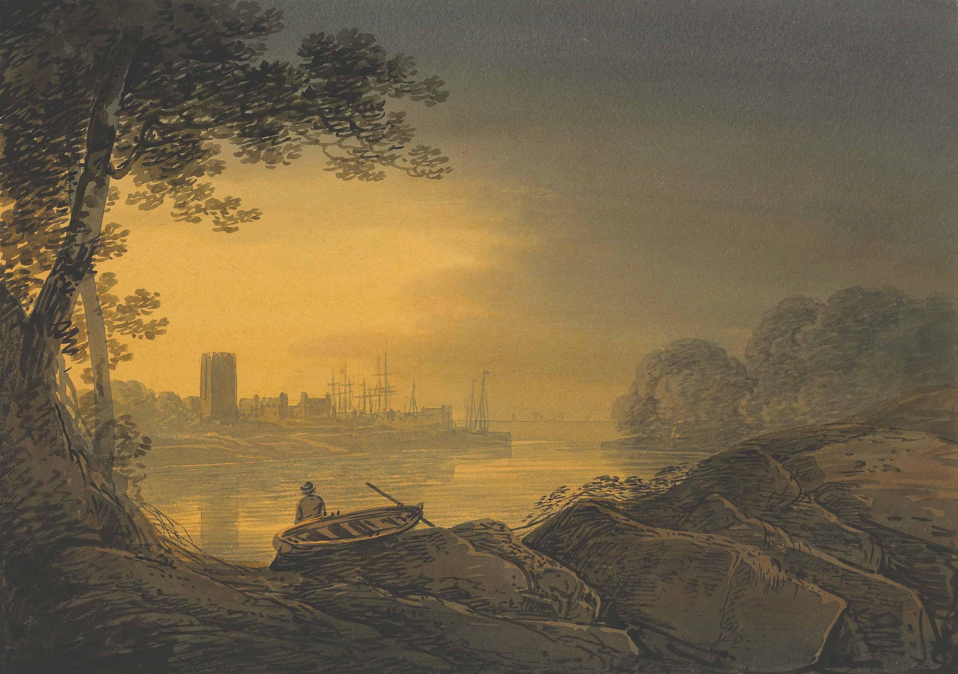 William Payne, O.W.S. - Sunset Over A Harbour; And Two Travellers Crossing A Bridge Over A River