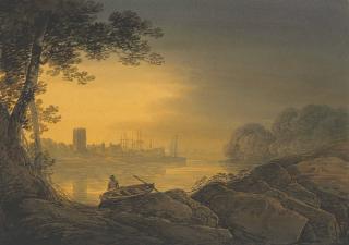 William Payne, O.W.S. - Sunset Over A Harbour; And Two Travellers Crossing A Bridge Over A River
