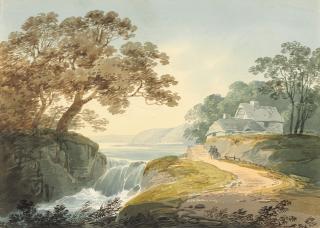 William Payne, O.W.S. - Travellers approaching a cottage by a waterfall; and Figures on a beach, mountains beyond