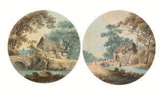William Payne - A couple seated in a horse drawn wagon on a bridge near a cottage; and Washerwomen conversing near a cottage in a wooded landscape