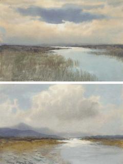 William Percy French - An Irish bog at Sunset; and A river estuary with a mountain range in the distance, possibly Croagh Patrick