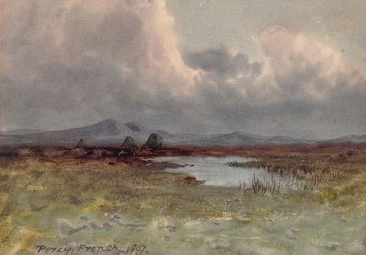 William Percy French - Bogland river with turf stacks