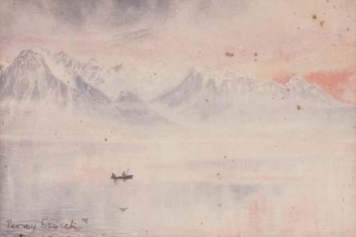 William Percy French - Sun rising across an alpine lake