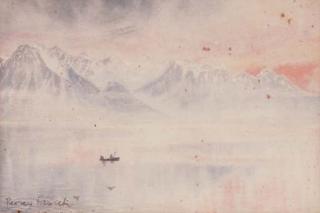 William Percy French - Sun rising across an alpine lake