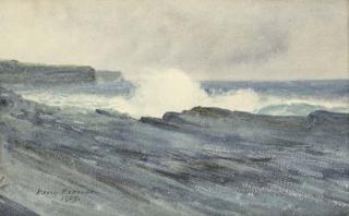 William Percy French - Waves breaking on rocks off the coast