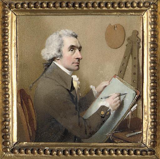 William Pether - A self-portrait of the artist, seated at his drawing board holding a pencil; easel and palette in background