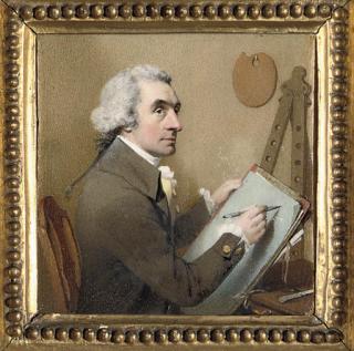 William Pether - A self-portrait of the artist, seated at his drawing board holding a pencil; easel and palette in background