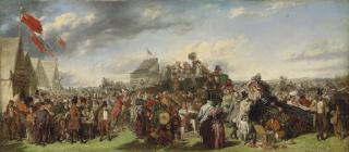 William Powell Frith, R.A., - The Derby Day: the \'first study\' for the celebrated painting