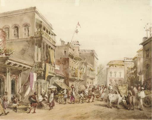 William Prinsep - A busy street scene in India