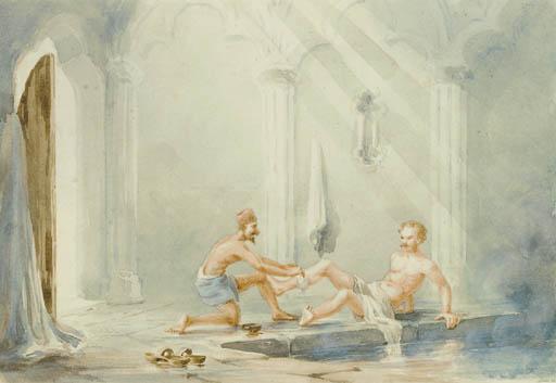 William Prinsep - Four Watercolours Depicting Turkish Baths Including; Entrance To The Baths, The Scrub, Soap Suds, And Cooling And Coffee